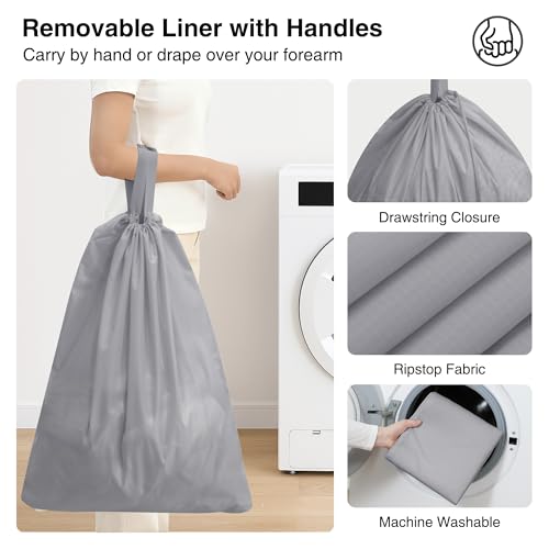 Image of STO STO 75L Laundry Hamper, Space Saving Freestanding Clothes Basket with Iron Frame, Dirty Clothes Storage Bin with Removable Washable Liner for Bedroom, Bathroom, Dorm, Closet, Apartment, Gray