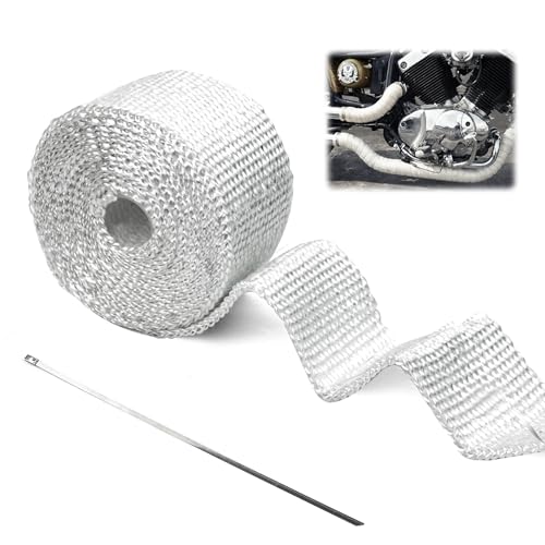 Hitzeschutzband Auspuff Auspuffbandage, Weiß Auspuffband mit 1pcs Kabelbinder Hitzeschutz Auspuff Bandage 500 cm x 5 cm Hitzeschutzschlauch für Auto Motorrad Fächerkrümmer Krümmerband, 1 Stück