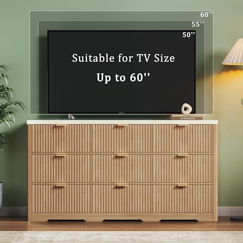 Image of Fluted Dresser for Bedroom with 9 Drawers, 53'' Mid Century Modern Dressers with Faux Marble Top, Wooden Chests of Drawers with Gold Handle & Curved Profile, Closet Clothes Storage Organizer TV Stand