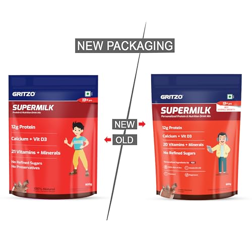Gritzo SuperMilk Overall Growth (13+y Boys), 12g Protein Powder (Double Chocolate, 800g) | Zero Refined Sugar, 20 Vitamins & Minerals