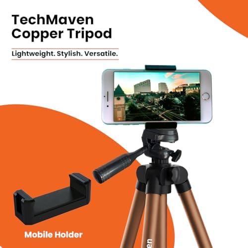 Image of Aluminium Lightweight Tripod Stand (48-134CM) Tripod with Mobile Holder 360 Rotation 3 Way Tilt |for DSLR, Camera, GoPro, Smartphones with Phone Stand & Carry Bag (Copper Color)