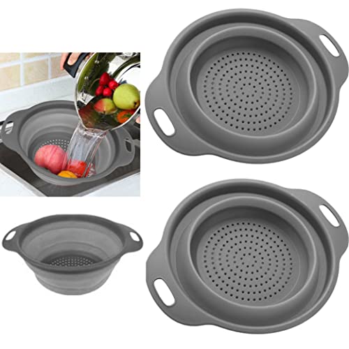 2Xsilicone Collapsible Bowl Strainer Colander Foldable Drainer 11.8'' Kitchen, Grey, Variable Size #TOP2