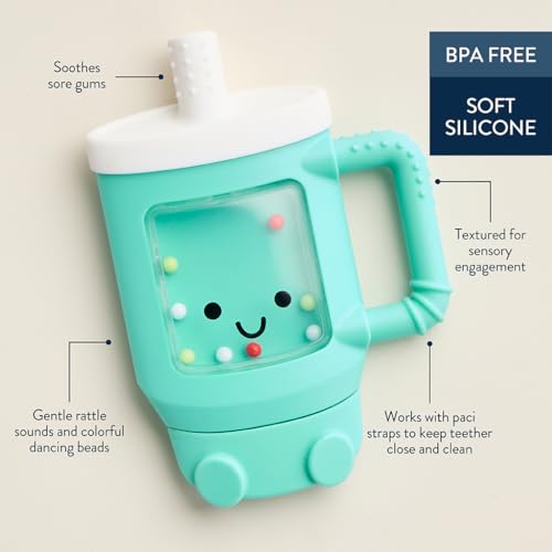 Image of Itzy Ritzy Silicone Rattle Teether- BPA-Free Silicone Teether with Rattle for Babies & Toddlers - Features a Gentle Rattle Sound, Colorful Beads & Multiple Textures (Travel Cup)