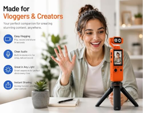 Image of 4K Digital Vlogging Camera, 180 Rotating Camera Head, Autofocus, Pocket Video Camera with Stereo Mic for YouTube, Travel, Blogging, Selfie, Live Streaming & Outdoor Recording