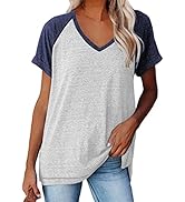 Women's Casual Short Sleeve T Shirts V Neck Raglan Rolled Sleeve Loose Side Split Tunic Tops