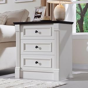 26″ Tall Nightstand with Charging Station, Farmhouse 23.6″ Wide Large End Table w/Roman Column, Wood Rustic Side Table w/Metal Handle, 3 Drawers Dresser for Bedroom, Living Room, White