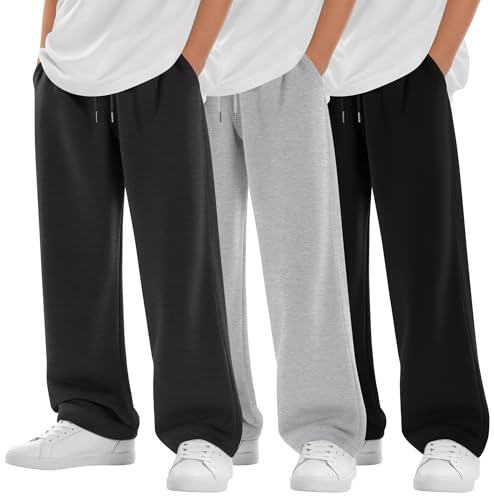 YooAurvox 3 Pack Boys Baggy Sweatpants Teen Youth Casual Pants Kids Athletic Open Bottom Drawstring Trousers with Pockets(Light Gray Gray Black 9-10 Years)