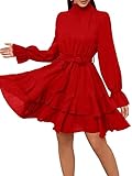 SweatyRocks Women's Elegant High Neck Flounce Sleeve High Waist Ruffle Belted Party Mini Dress Red XL