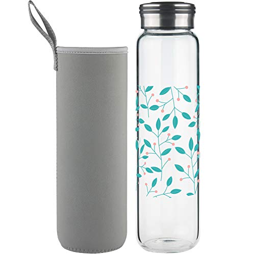 Cleesmil Sport Trinkflasche Glas Wasserflasche 1000 ml / 1 Liter BPA Free Glasflasche mit Neoprenhülle (dünne Blätter) Cover