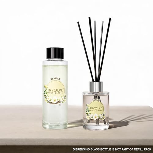 Image of Involve Vanilla Reed Diffuser Refill with Free 10 Reed Sticks - 120 ml | Long-Lasting Home Aroma Diffuser for Living Room, Bedroom & Gifting | Home Decor | Home Fragrance | Diffuser for Home