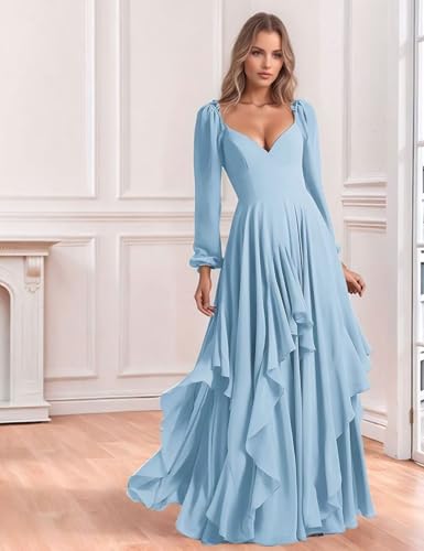 Chiffon Ruffle Bridesmaid Dresses for Women Long Sleeve Evening Gown V Neck Asymmetric Wedding Guest Dress3