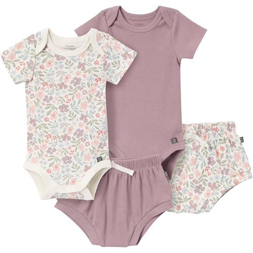 Modern Moments by Gerber Baby Girls' Short Sleeve Bodysuit and Shorts Set, Ivory Garden/Medium Lilac, 6-9 Months