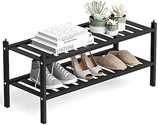 Dranixly Shoe Rack, 2-Tier Bamboo Stackable Shoe Shelf Storage Organizer, Shoe Stand for Closet, Entryway, Hallway, Bathroom and Living Roomï¼ˆBlackï¼‰