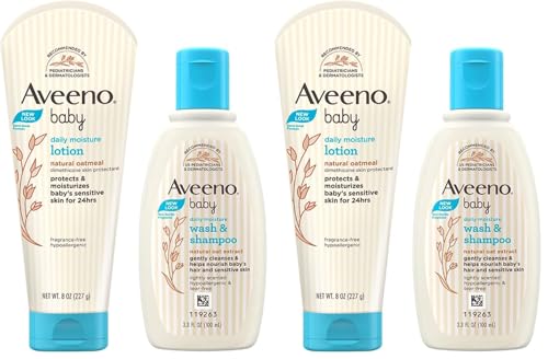 Image of Combo pack Aveeno Baby Daily Moisture Lotion (227g) + Wash and Shampoo (100ml) | With natural oat extract | Hypoallergenic, pediatrician recommended | Cleanses, nourishes, soothes & protects baby's sensitive skin
