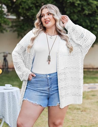 Image of IN'VOLAND Womens Plus Size Crochet Cardigan Lightweight Long Sleeve Open Front Oversized Boho Sweaters Kimonos