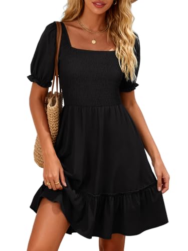 Image of Berydress Womens Summer Smocked Sun Dress Pockets 2026 Square Neck Dresses | Short Sleeve Sundress, Flowy A Line, Tiered Ruffle, Boho Beach Vacation, Casual, Going Out, Church, Western Outfits