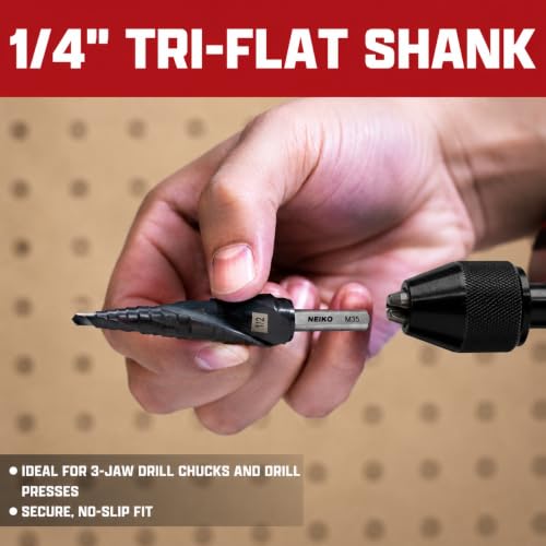 Image of NEIKO 10615B Step Drill Bit, 2 Steps 3 /8 inch to 1 /2 inch Spiral M35 Cobalt, AlTiSiN Coated, 1 /4 inch Tri-Flat Step Bits for Steel, Metal, Wood, Plastic, Unibit Cone Drill Bits, Two Flute