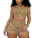 YOUFE Womens Sexy Denim 2 Piece Outfit Stretchy Crop Tank Top Bodycon Shorts Set Hollow Out Jean Vest Club Tracksuit Summer
