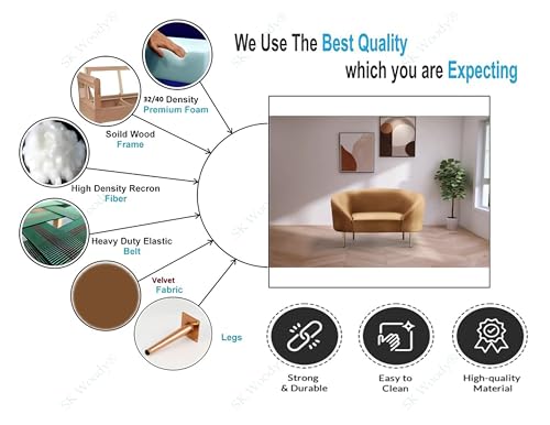 Image of Rosewood Luxury Curved Sofa in Premium Velvet-Fabric | Solid Wood Structure | High Density Foam | Sturdy Golden Legs | Comfortable & Stylish Couch for Modern Living Room (Saddle, 1 Seater)