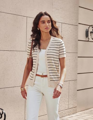 GRACE KARIN Short Sleeve Striped Cardigan Button Down Sweaters for Women V Neck Summer Outfits (White Black Striped,XL) — view 5