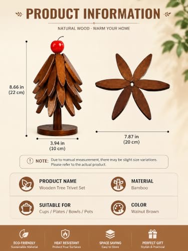 Wooden Trivets for Hot Dishes, Christmas Tree Shaped Trivet Set with 5 Heat Resistant Wood Trivets, Folding Wooden Trivet for Kitchen Table Protector, Home Decorative Wooden Coaster Set for Pots, Pans — view 6