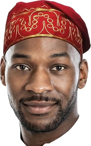 Dupsie's Red Adebo African Kufi Hat with Gold Embroidery