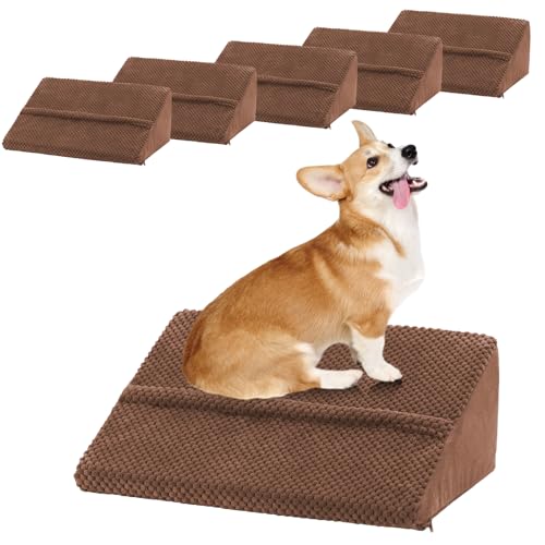 40D Density Foam Dog Ramp with Anti-Slip Bump for Stairs Suits for Small Dogs Cats, Pet Ramp Steps Stairs for Staircase Indoor with Self-Sticky Pads to Fix(6Pack, Brown)
