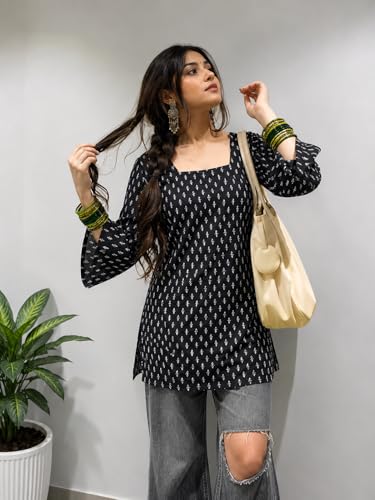 Image of SONISHA Women's Rayon Floral Print Short Kurti for Women Elegance Square Neck, Long Sleeves with Style Criss Cross Back Kurti, Top for Office Wear, Casual, Outdoor