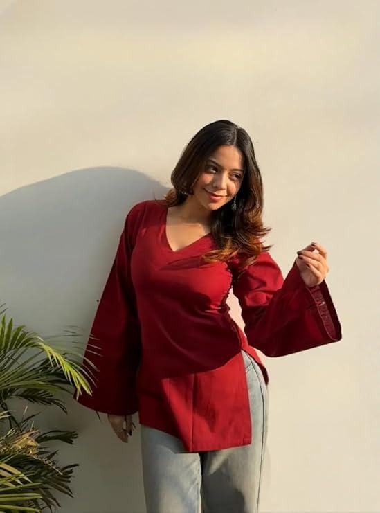 Image of Maroon Rayon Short Kurti for Women - V Neck Solid Ethnic Tunic Top, Casual Indo-Western Kurta for Jeans