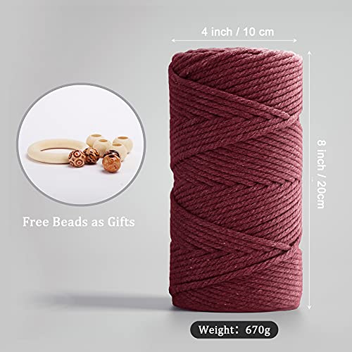 Image of ZUEXT Macrame Cord, Red Wine, 5mm x 109yds Cotton String Macrame Yarn | 100% Natural Handmade, 4 Strands Twisted Cotton Rope, For Wall Hanging Plant Hangers Gift Wrapping Tapestry DIY Crafts, 100m