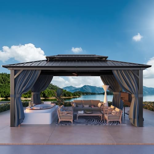 Image of HOTEEL 10x15 Hardtop Gazebo with Flame-Retardant Curtain & Netting, Hot Tub Gazebo with Galvanized Steel Double Roof, Heavy Duty Permanent Pavilion Outdoor for Patio, Frame Thickened (Upgraded 3.0)