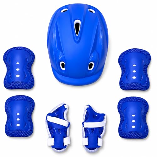 OVERS Kids & Adults Protective Gear Set 7-in-1 Helmet Knee Pads Elbow Pads & Wrist Guards for Scooter Skateboarding Cycling & Roller Skating (Blue Free Size)