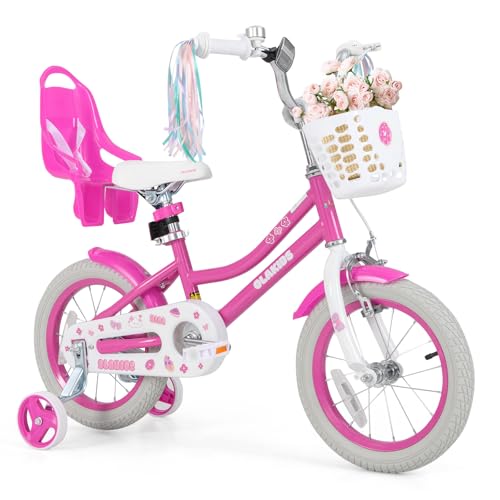Image of Olakids Kids Bike, 12 14 16 18 20 Inch Girls Bicycle with Doll Seat Basket Adjustable Seat and Handlebar, Handbrake and Coaster Brake