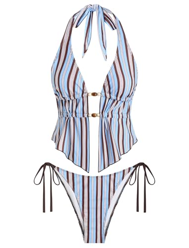 Image of ZAFUL Halter Swimsuits for Women Textured Backless 2 Piece Bathing Suits Cheeky High Cut String Tie Side Bikini Sets