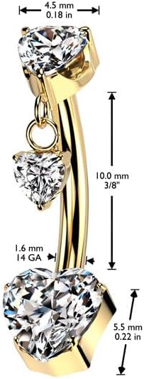 Implant Grade Titanium Threadless Push In Heart CZ Prong Set Belly Button Ring With Prong Set Heart CZ Top And Heart CZ Dangle