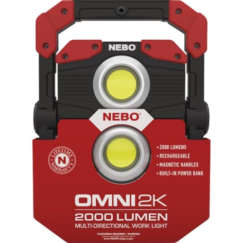 NEBO OMNI 2K Rechargeable Work Light | 2000 Lumens COB, 6 Light Modes, Rotating Magnetic Handles, Built-In Power Bank, Water Resistant, Portable Camping Lantern, Includes USB-C Charging Cable