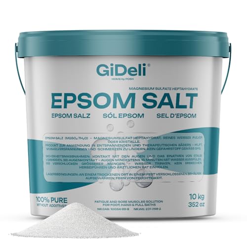 GiDeli Epsom Sal de 10 kg de sulfato de magnesio, calidad farmacéutica, sales de baño en cubo, 100% sal natural, baño de pies, cuidado de la piel, baño relajante (10000 g)