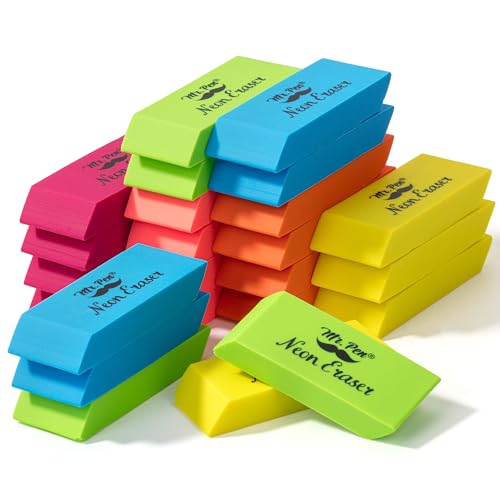 Image of Mr. Pen- Pencil Eraser, 24 Pack, Neon Colors | Large Latex Free Block Erasers Bulk for School, Office, Art Sketching, Homework, Exams, Clean Smudge-Free Correction