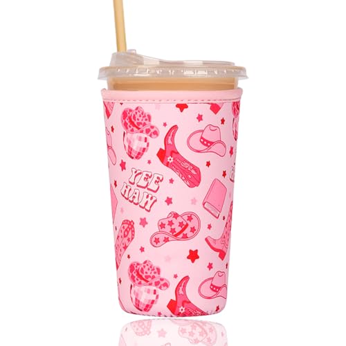 Image of Reusable Insulated Sleeve for Iced Coffee Cup, Coffee Neoprene Sleeve for Cold & Hot Drinks, Beverage Holder for Iced Coffee (Pink Cowgirl, Large: 32oz)
