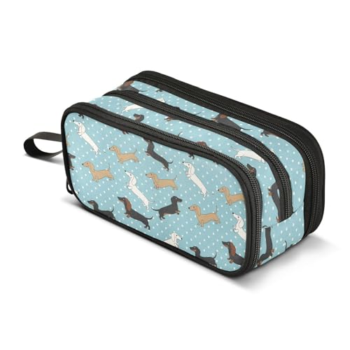 Image of J JOYSAY Dachshund Dogs Polka Dots Blue Pencil Case Large Big Capacity Storage Pen Pouch for Girls Boys Makeup Bag for Adults Business Office