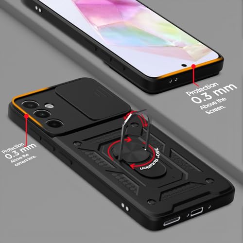 Image of Pikkme Back Cover for Samsung Galaxy A56 5G | D10 Tough Armor | 360 Protection Case | Sliding Camera Shield Cover & Ring Holder Stand Bumper Case (Black)
