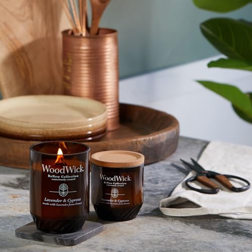 WoodWick® Renew Large Candle, Lavender & Cypress Scented Candles, 13oz, Plant Based Soy Wax Blend, Made with Upcycled Materials and Essential Oils, Up to 75 Hours of Burn Time