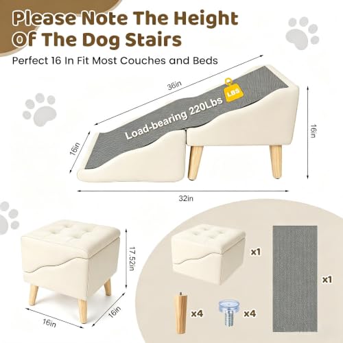 Image of Dog Stairs for Small Dogs 16 inch H, Foldable 2-in-1 Ottoman Dog Ramp for Couch | 2026 New Non-Slip Pet Steps, Pet Ramp Stairs for Small, Puppy, Senior and Injured Dogs (Beige)