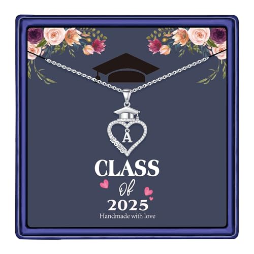 M MOOHAM Graduation Gifts for Her 2025, 14K White Gold Plated CZ Graduation Cap Heart Pendant Initial Necklaces for Women Teen Girls High School College Graduation Gifts for Her