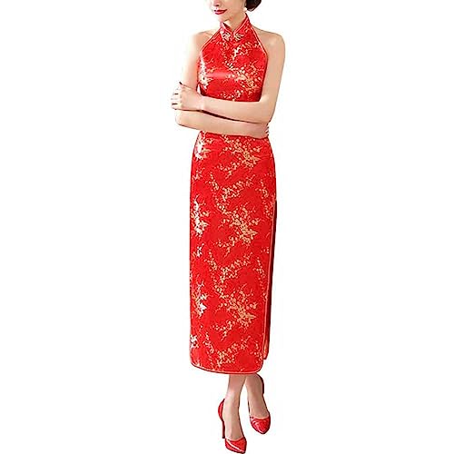 Womens Halterneck Sleeveless Chinese Cheongsam Mandarin Collar Side Split Long Qipao Party Dress Outfit (Plum Red, M)