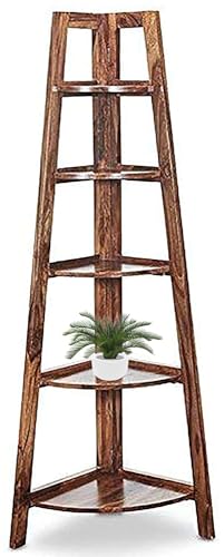 Image of Solid Sheesham Wood 5 Tier Corner Book Shelf for Home Living Room Library Office Furniture Wooden Bookcase Unit Display Rack Storage (Natural Brown Finish)