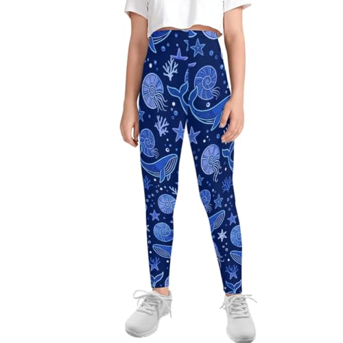 Xpyiqun Blue Whale Leggings for Girls High Waist Yoga Pants Size 6-7