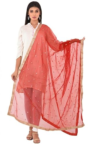 Image of YOUTHQUAKE Women's Net Embroidered Full Size Dupatta With 4 Side Golden Lace