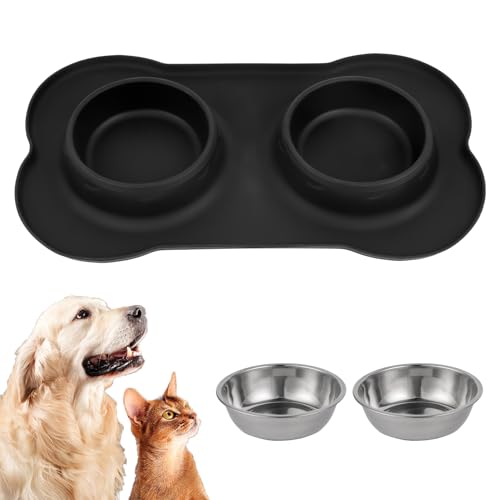 Set di 2 Ciotole per Gatti e Cani, Ciotola per Gatti in Acciaio Inox, Ciotole Gatto, Ciotola Cani per Cibo Secco e Umido, con 1 Tappetino Antiscivolo in Silicone (42 x 26 cm)