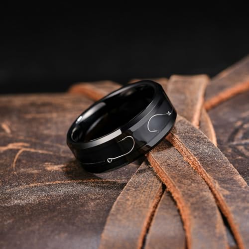 King Will Mens 8mm Black Silver Tungsten Rings, Men's Wedding Rings Fishing Line Inlay Beveled Edge Ring for Men Women, Comfort Fit, Durable - Image 6